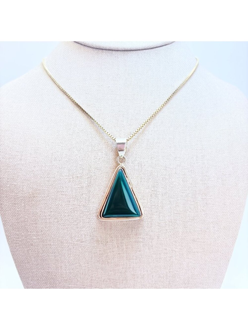Green Onyx Triangle Pendant Necklace Sterling Silver 925 Size 30" Length